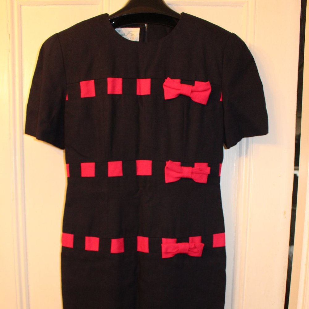 Vintage Jim Tremblay Santa Fe Dresz  Navy W/Pink Bows  1980s Sz 4